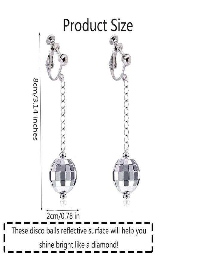 Modpide Silver Disco Ball Clip on Earrings 70's Halloween Earrings Women's Costume Accessories (long) - Image 3